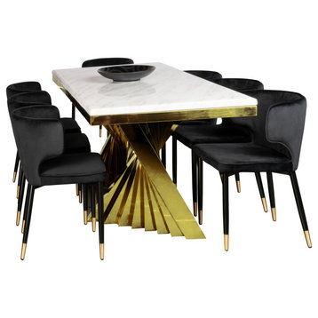 Waterfall Rectangle Marble Top Dining Table With Chairs, Silver/Black