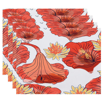 18"x14" Lotokoi, Floral Print Placemats, Set of 4, Red Orange