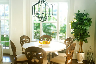 Example of a large transitional dark wood floor dining room design in DC Metro with beige walls and no fireplace