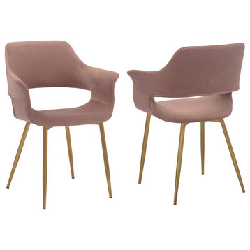 Gigi Velvet Dining Room Chair With Gold Metal Legs - Set of 2, Pink