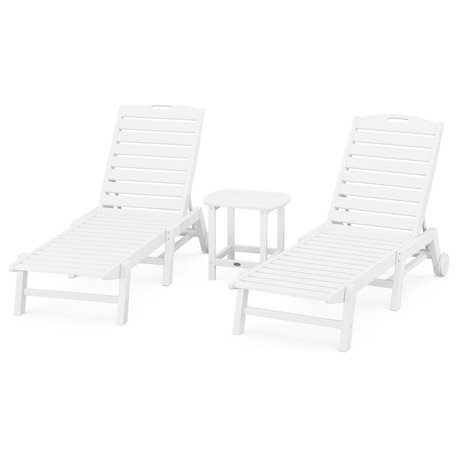 Nautical 3-Piece Chaise Lounge, Wheels Set, 18" Side Table, White