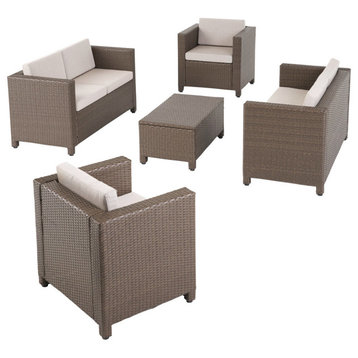 Doreen Outdoor 6 Seater Loveseat Chat Set with Cushions, Brown/Ceramic Gray