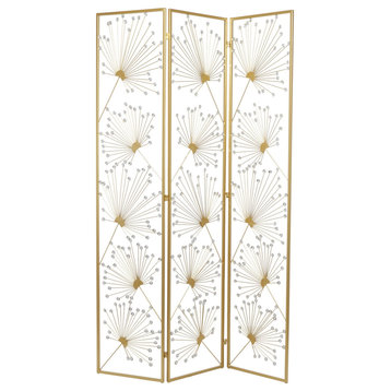 Contemporary Room Divider, Golden Metal Frame With Unique Floral Acrylic Accents