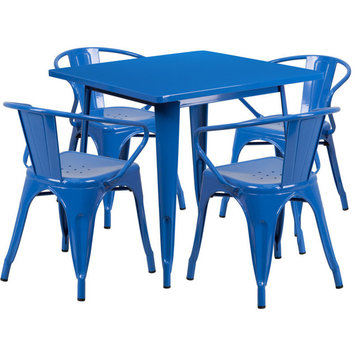 31.5'' Square Blue Metal Indoor-Outdoor Table Set With 4 Arm Chairs