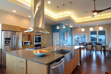 Example of a large minimalist l-shaped dark wood floor open concept kitchen design in Other with a farmhouse sink, flat-panel cabinets, light wood cabinets, stainless steel appliances, an island and solid surface countertops