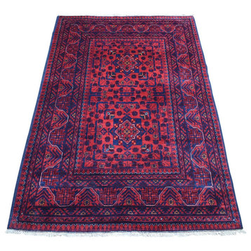 Tribal Design Extra Soft Wool Deep & Saturated Red Afghan Khamyab Rug, 3'3"x5'0"