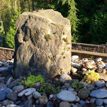 Basalt boulder with succulents at the base