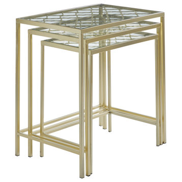 3 Pack Nesting End Table, Clear Glass Top With Quatrefoil Accents, Metallic Gold