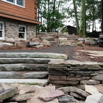 Rural Landscape Design - Fieldstone Wall, Flagstone Path, Boulder Steps