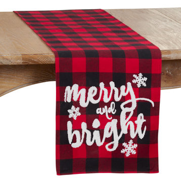 Buffalo Plaid Table Runner With Merry and Bright Design, Red