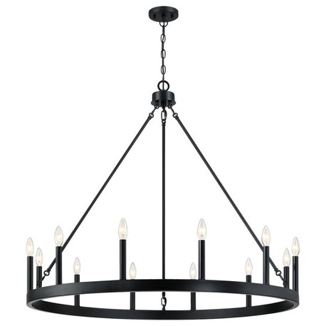 40" W Black Candle Style Wagon Wheel Chandelier, 12-Light