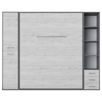 INVENTO Vertical Wall Bed With 2 Side Cabinets, Slate Grey/White Monaco, With Mattress 63 X 78.7 Inch