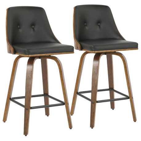 Gianna Counter Stool, Set of 2, Walnut Wood, Black Pu, Black Metal