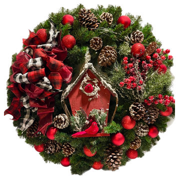 Red Christmas Wreath Birdhouse  Shatterproof Ornament 30” In/Outdoor