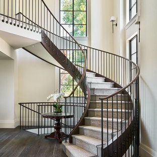 Foto de escalera curva, tradicional, grande, con escalones enmoquetados, contrahuellas enmoquetadas y barandilla de metal