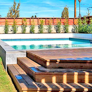 Wood Deck, Paver walkway, Planter box hedge plants