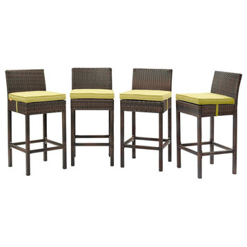 Modern Outdoor Patio Bar Stool Chair, Set of Four, Fabric Rattan, Brown Green