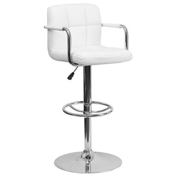 Contemporary Adjustable Height Barstool, Arms and Chrome Base, White, 20"x18"x36