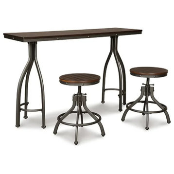3 Pieces Pub Set, Tall Rectangular Table & Round Swiveling Counter Stools, Brown