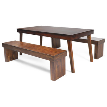 GDF Studio 3-Piece Salvador Mahogany Stained Wood Table and Bench Dining Set