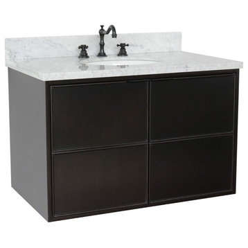 37" Single Wall Mount Vanity, Cappuccino Finish With White Carrara Top