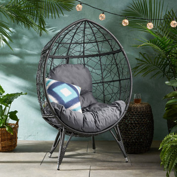 Amaryllis Outdoor Wicker Teardrop Chair With Cushion, Gray/Dark Gray