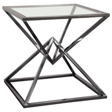Steel End Table With Polished Black Finish Base, Clear, Tempered Glass Top