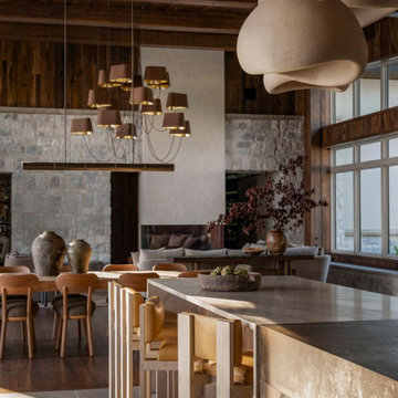 Antique Elm Paneling and Beams in Interlachen Modern Lakehouse Great Room