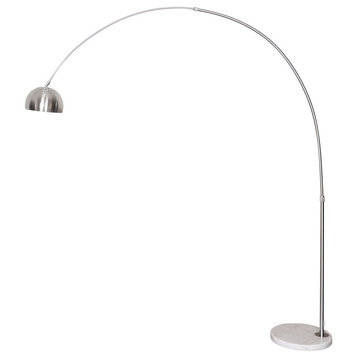Leisuremod Arco Floor Lamp With White Marble Base and Metal Lamp Shade, Silver