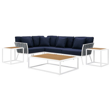 Lounge Sectional Sofa Chair Table Set, Navy White, Aluminum, Modern, Outdoor