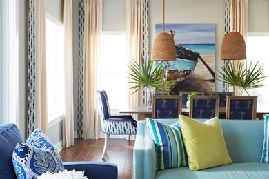 Example of a mid-sized beach style formal and open concept dark wood floor and brown floor living room design in Atlanta with beige walls