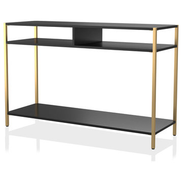 Contemporary Console Table, Golden Frame With Lower Shelf & 2 Cubbies, Black