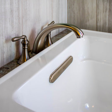 Primary Bathroom with Custom Corian and Tiled Shower, Tiled Tub Surround