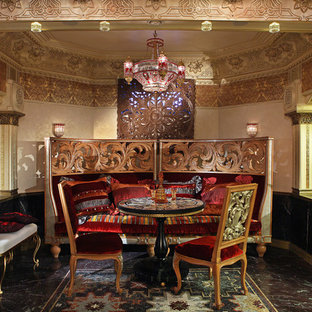 Photo of a large bohemian look-out basement in Moscow with marble flooring, black floors and multi-coloured walls.