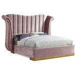 Meridian Furniture - Flora Black Velvet Bed, Pink, Queen - Make a dramatic statement while creating contemporary flair in the bedroom with this breathtaking Flora pink velvet queen bed. Featuring a gold metal base upholstered with rich pink velvet with gold nailhead accents and channel tufting along the headboard, this gallant bed is sure to command the attention of anyone who enters your bedroom chamber. Its contemporary wing-back design adds a regal presence to your sleeping space, while its generous size ensures you sleep like a king.