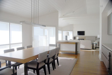 Inspiration for a large modern medium tone wood floor and brown floor kitchen/dining room combo remodel in Boston with white walls and no fireplace