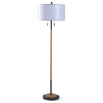 Stylecraft - Lari Dual Finish Floor Lamp, Industrial Black, Sheer Clear White Double Shade - An attractive industrial floor lamp with a two-tone design. The slender steel frame features an industrial black metal and wood finish, while the double shade combines sheer clear and white. Twin pull chains add appealing symmetry and convenience, making this an elegant addition to any bedroom, living room or family room.