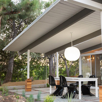 Panton Replica Chairs, Globe Pendant, Patio Table, Eichler Style Home