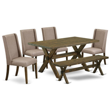 East West Furniture X-Style 6-piece Wood Dining Set in Jacobean Brown/Dark Khaki