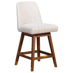 Armen Living - Amelia Swivel Counter Stool, Brown Oak Wood, Beige Fabric, Set of 4 - The classic style of the Amelia Bar or Counter Stool in Wood with Fabric Upholstery is available in multiple color choices. This kitchen barstool makes a beautiful addition to any home or apartment. Counter or bar height stools are an easy upgrade to make if you're remodeling or an easy fix if you're moving and haven't purchased your dining room furniture yet. The Amelia counter or bar height stools feature a sturdy wood 4 leg base constructed from rubberwood. Rubberwood is a durable hardwood belonging to the maple family. Its dense grain character makes it a stable construction material that is naturally resistant to fungus and bacteria. The polyester upholstery really helps these wood bar stools stand out. The long-term durability of polyester makes it an ideal choice of stool upholstery fabric for families with children and pets. Polyester upholstery is water repellent, stain resistant, budget friendly, and less prone to discoloration. The soft upholstery of this swivel bar stool creates a convenient combination of comfort and function. The Amelia stool features gray or taupe options in boucle fabric. The fuzzy nature or boucle means its pairs perfectly with curved or rounded pieces like asymmetrical sofas, armchairs, and of course the Amelia bar stool. The 360-degree swivel seat allows you to swivel either way with full mobility. The Amelia stool is available in your choice of a 26 inch or 30 inch seat height and comes in a gray oak wood finish with boucle gray or mocha upholstery or a brown oak wood finish with boucle taupe or beige fabric upholstery. This product includes four barstools.