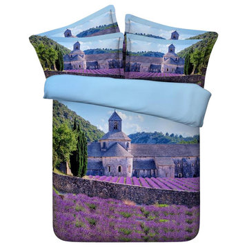 3D Purple Flowers, 4-Piece Duvet Cover Set, Queen