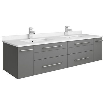 Lucera Wall Hung Cabinet With Top & Double Undermount Sinks, Gray, 60"