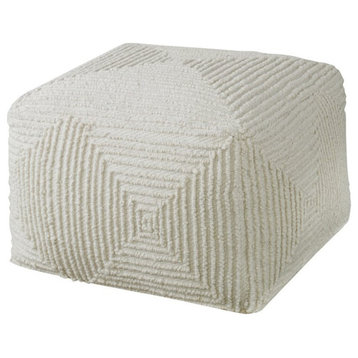 Maklaine Handwoven Geometric Coastal Wool & Cotton Pouf in Soft Ivory