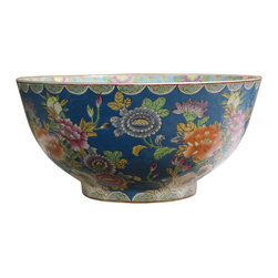 Chinese Oriental Vintage Round Light Blue Enamels Peony Flower Bowl - Decorative Bowls