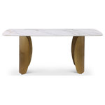Meridian Furniture - Niya Dining Table, White, Brushed Gold Base - Make even the most casual meals an elegant affair when guests gather around this Niya dining table. This handsome table is part art, part dining room must-have, with its elegant yet durable white marble-look sintered stone top and its brushed gold curve bases. Diners have loads of elbow room at this large dining table, so they stay cozy from appetizers through dessert. Add the chairs of your choice for a complete dining room rehab in an instant.