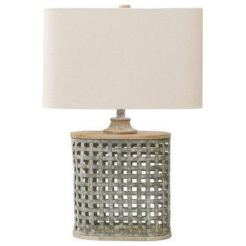 Metal Table Lamp With Lattice Design Body And Hardback Shade,Gray And Beige