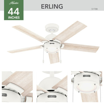 44" Erling Matte White Ceiling Fan, LED Light Kit and Pull Chain