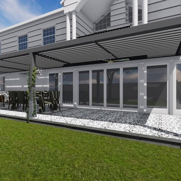 High-End Patio Covers with a Fireplace and Tile Flooring