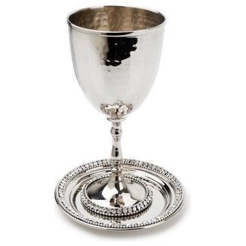 Classic Touch Hammered Stainless Steel Jeweled Kiddush Cup with Tray