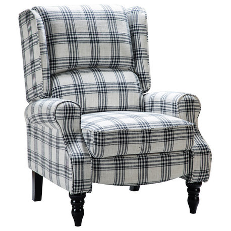 Modern Push-Back Plaid Recliner with Rolled Armrest, Plaid Black